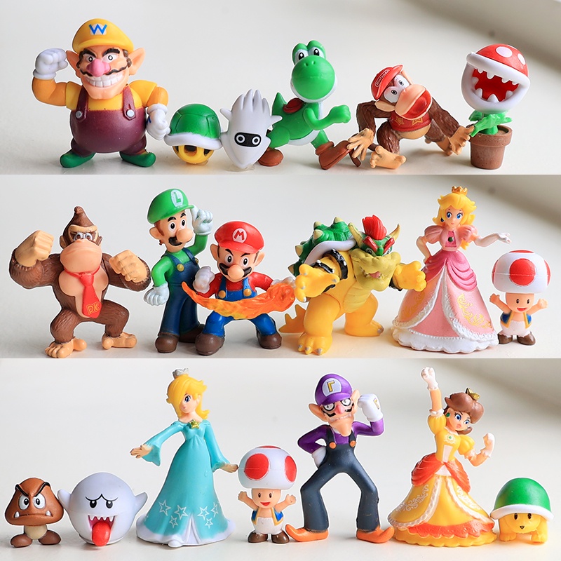 18pcs/set Super Mario Bros Keluarga PVC Angka Mainan Mario Luigi Wario Waluigi Kodok Yoshi Princess Peach Donkey Kong Topper Kue