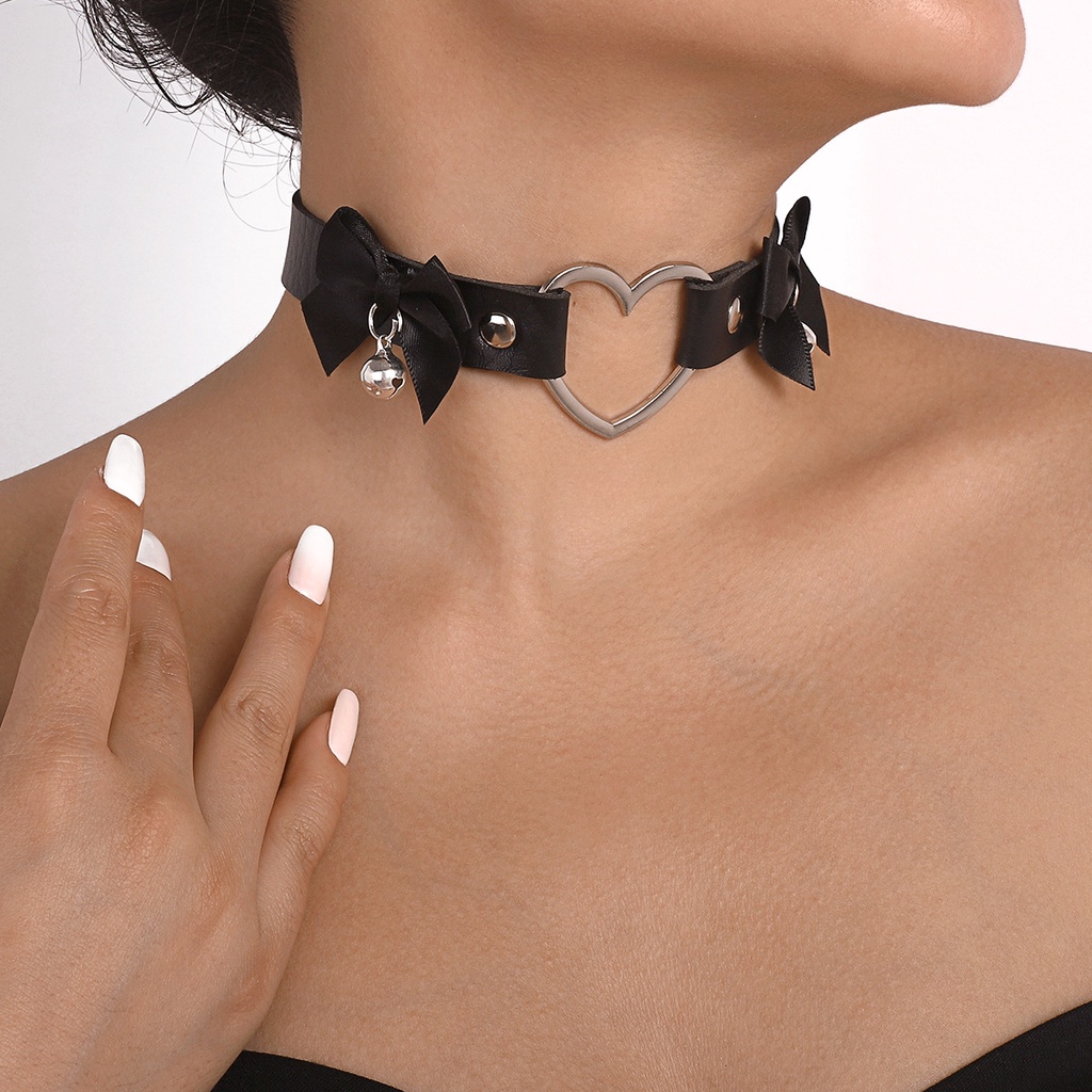 Harajuku Geometris Jantung Pu Leather Choker Untuk Wanita Double Ikatan Simpul Lonceng Kepribadian Kalung Perhiasan Hadiah Pesta