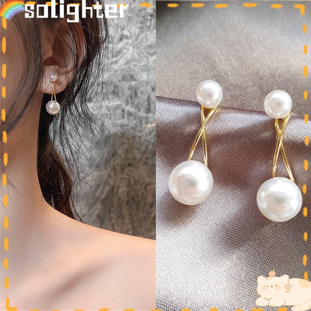 Solighter Anting Fashion Cross Line Perak Plating Mutiara Imitasi Geometris