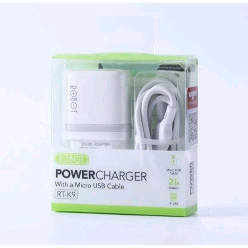 ROBOT RT-K9 Adaptor Plus Cable 12W Dual Port 2.1A kabel Data Micro USB