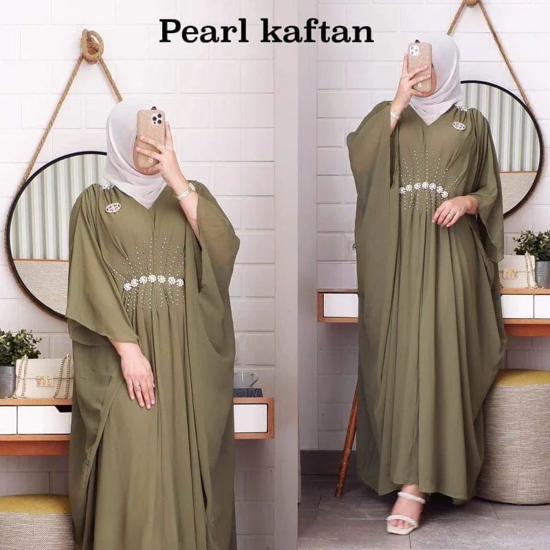 Pearl Kaftan / Kaftan Wanita Matt Ceruty Babydoll Full Puring / Dress Wanita Aplikasi Mutiara Mix Renda / GOM