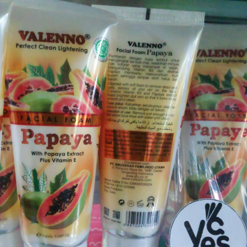 Papaya facial foam 100 ml sabun wajah tube pepaya lightening Valenno Valeno sel kulit mati vit E B3