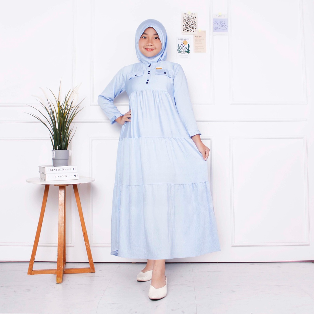 CIAHAW-Gamis Anak Perempuan syari Cringkel Polo Linen-Kancing Usia 6-12 Tahun