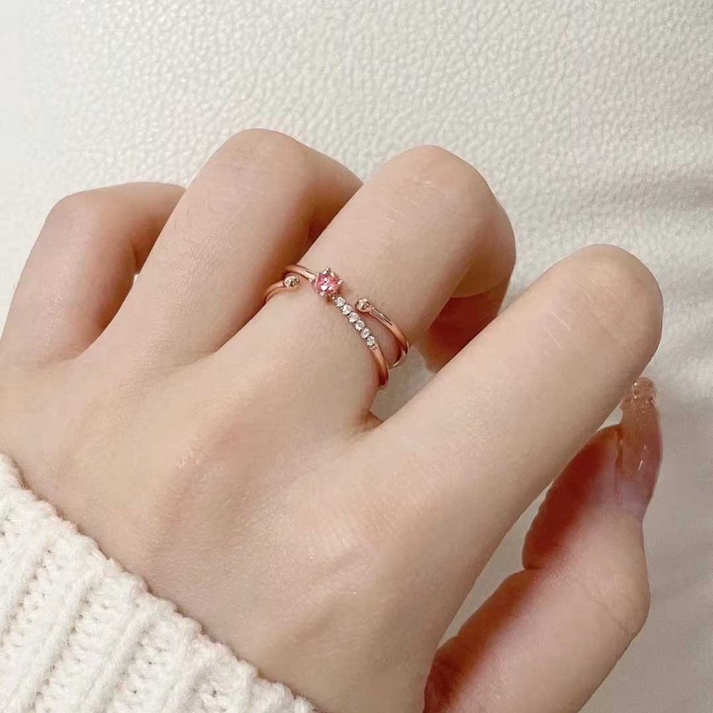 Elegan Merah Muda Berlian Kristal Rose Gold S925 Perak Wanita Fashion Perhiasan Pernikahan Pertunangan Rings Adjustable Size