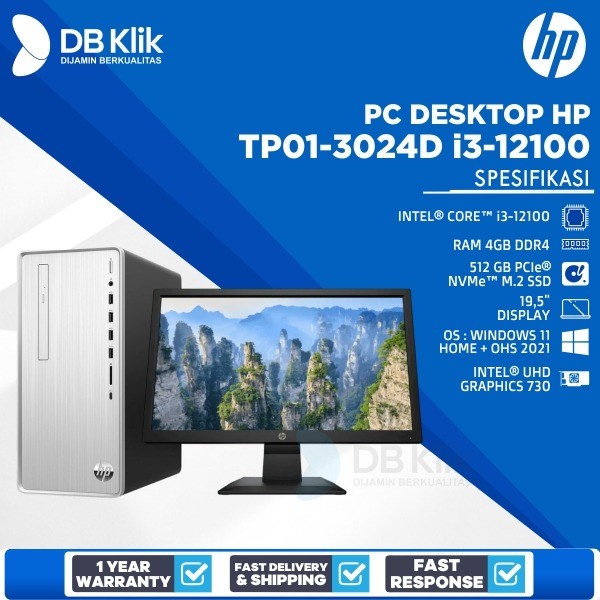 PC Desktop HP TP01-3024d i3-12100 4GB SSD 512GB NoDVD WIN11+OHS 19.5&quot;