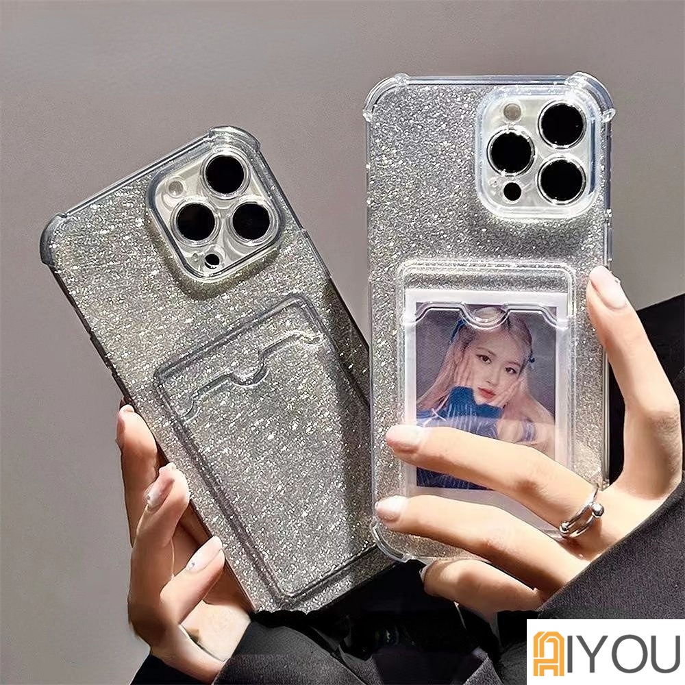 IPHONE Soft Case Bening Glitter Untuk Iphone14 13 12 Pro Max11 MiNi X XR XS 7 8 Plus SE 2 Dompet Silikon Slot Kartu Holder Shockproof Cover