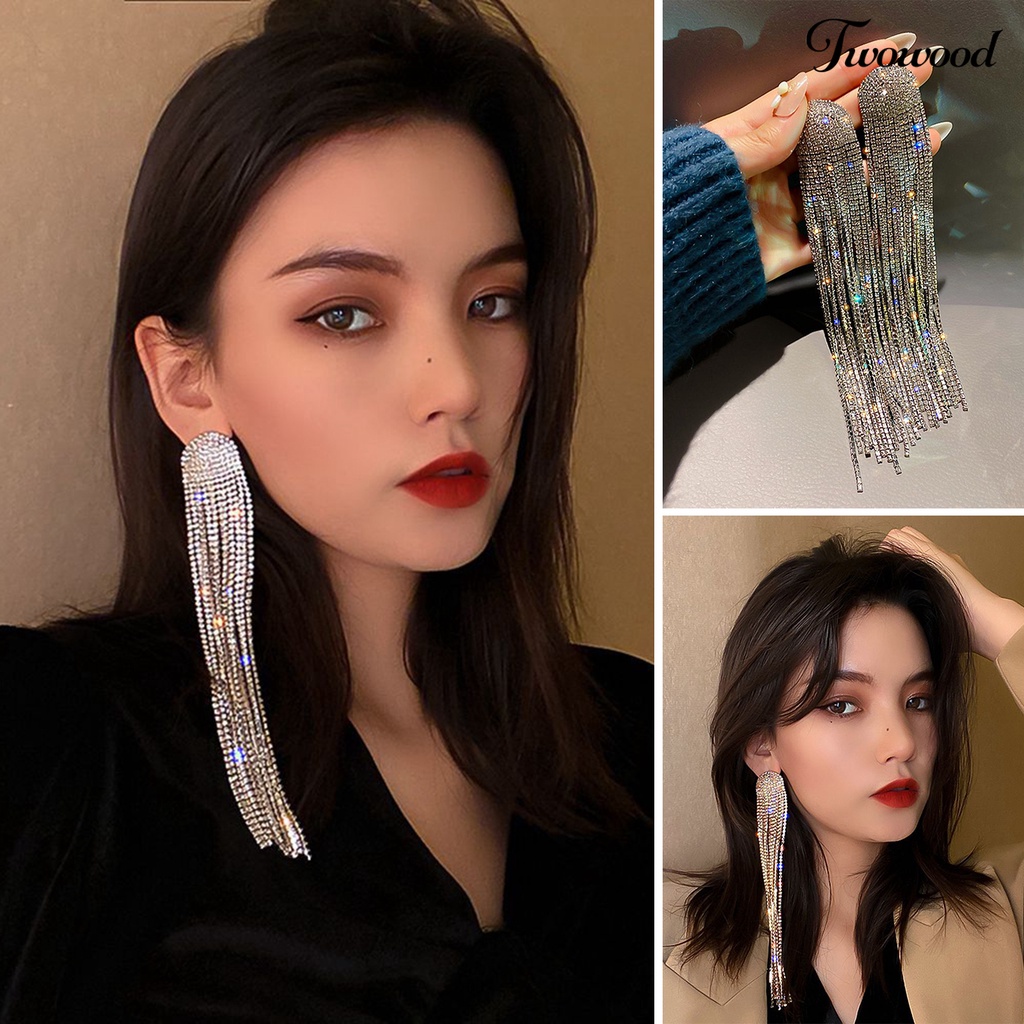 Twowood 1pasang Drop Earrings Shiny Panjang Rumbai Penuh Berlian Imitasi Temperamen Berkilau Berdandan Hadiah Wanita Menjuntai Anting Pesona Perhiasan Aksesori Busana