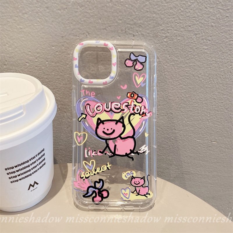 IPHONE Casing Ponsel Kucing Kartun Lucu Kompatibel Untuk Iphone7 8 6s 6 Plus11 13 12 14 Pro Max XR X XS Max SE 2020 Ins Graffiti Cinta Hati Bening Lembut Silicon TPU Airbag Shockproof Cover