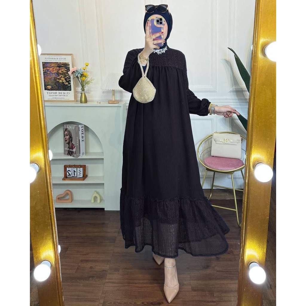 Malika Dress Wanita Crinkle Airflow  Premium Kombinasi Brukat Gamis Terbaru Lengan Balon Karet Ruffle Baju Muslim Jumbo Lengan Manset Kekinian LD 110 cm