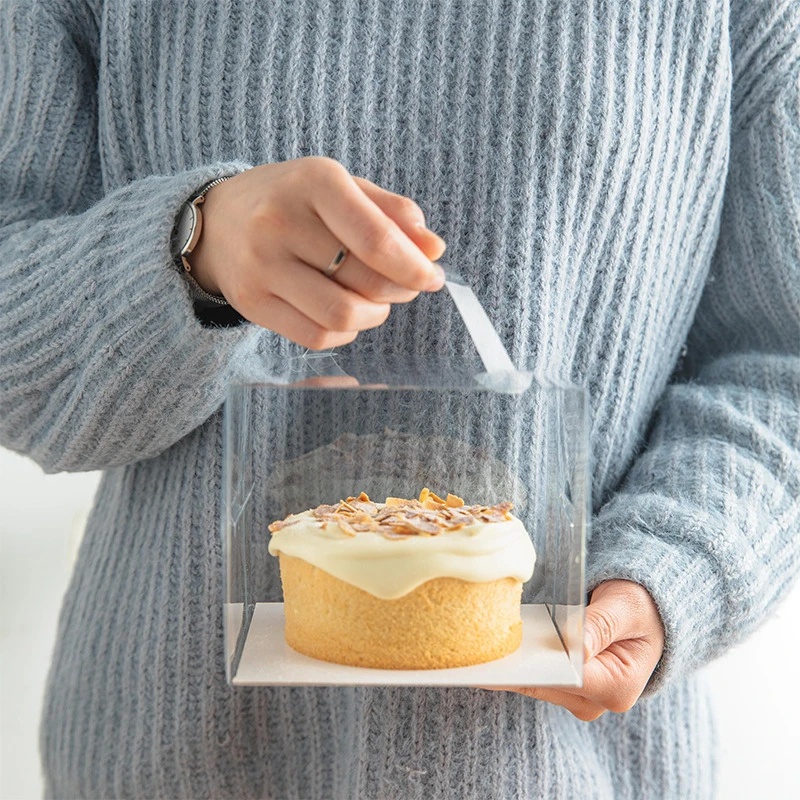 Empat Ukuran Kotak Kue Dengan Pegangan Lipat Dessert Packing Box Bakery Penyimpanan Makanan Aksesoris Wadah Keju Roti Plastik Bening