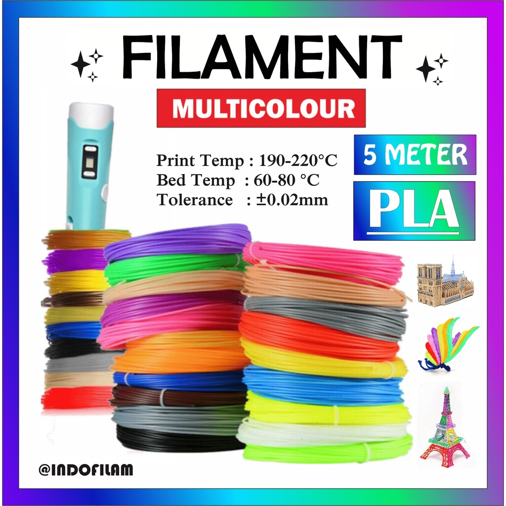 FILAMENT PLA 10 METER FILAMEN FLUO ROSE PINK RED REFILL TINTA 3D PEN 1.75mm DIY STYLUS PRINTING ALL COLOUR MULTICOLOUR METERAN