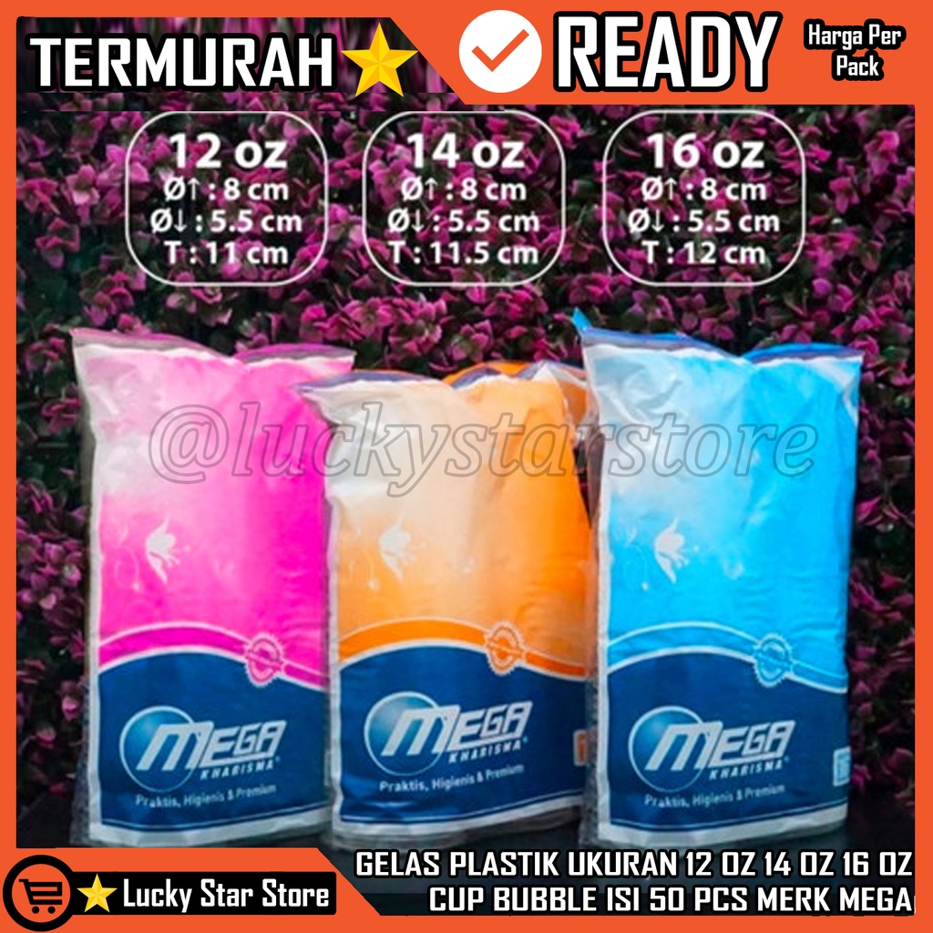 GELAS PLASTIK PP MEREK MERK MEGA UKURAN 12 OZ 14 OZ 16 OZ, CUP BUBBLE ISI 50 PCS MERK MEGA CUP GELAS