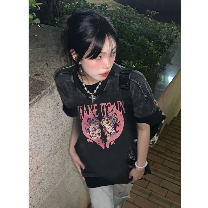 EUNII T-shirt Lengan Pendek Black Washed Retro Pink Angle Heart Printing Korean Style/Kaos Atasan Wanita/Baju Wanita/Kaos Wanita