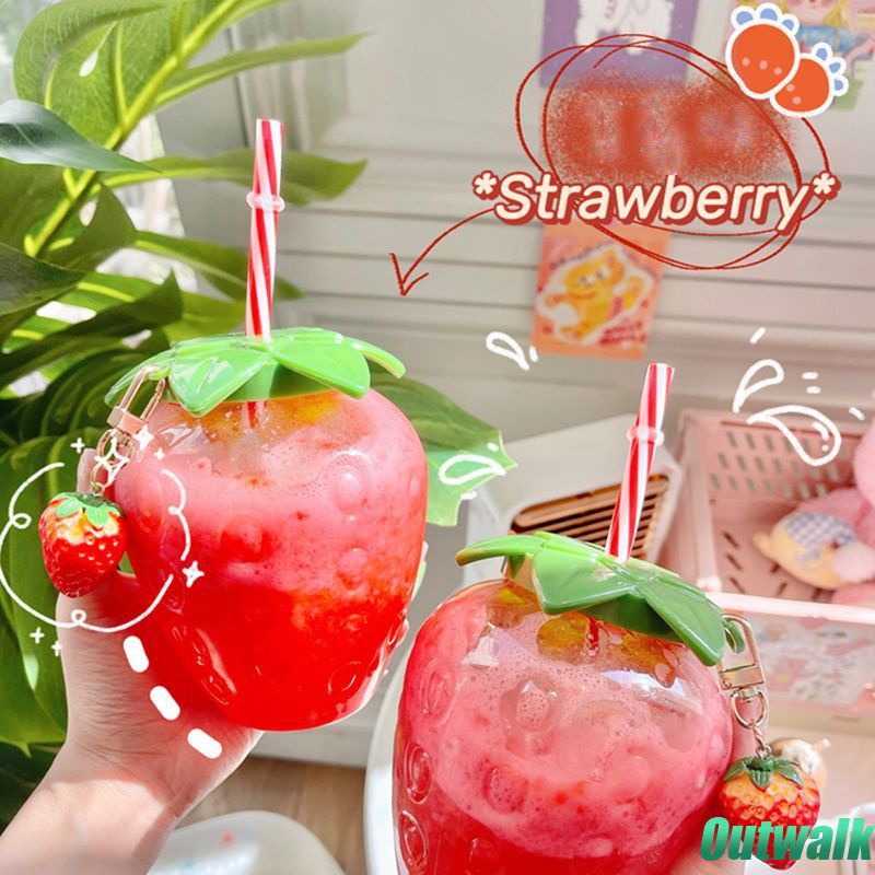 ღ 500Ml Strawberry Straw Cup Gadis Cantik Susu Teh Mug Plastik Botol Air Portabel Kaca Air untuk Pernikahan Musim Semi shower Pesta Ulang Tahun Desktop Dekorasi