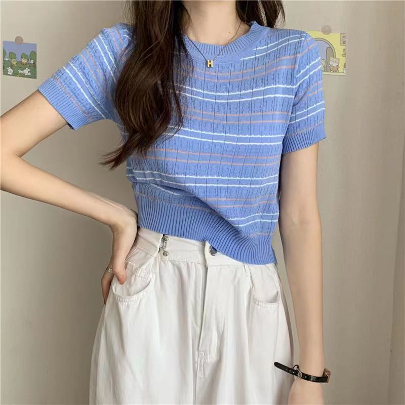 Knit Crop Top Lengan Pendek Wanita Baju Salur Outfit Korea