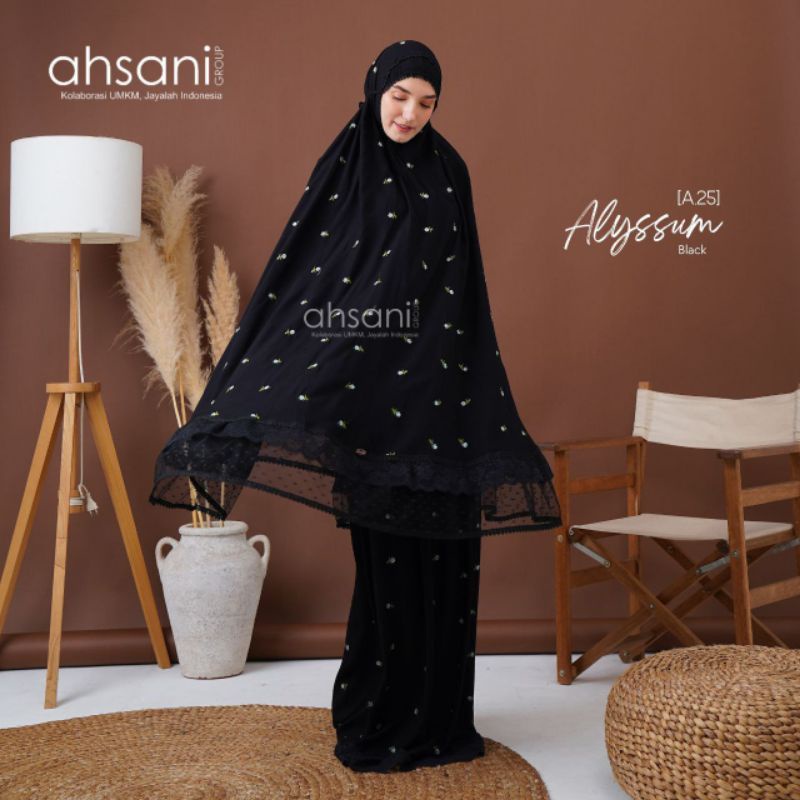 MUKENA AHSANI NEW ALYSSUM MUKENAH HITAM RAYON PREMIUM BORDIR BUNGA MUKENA UMROH HAJI