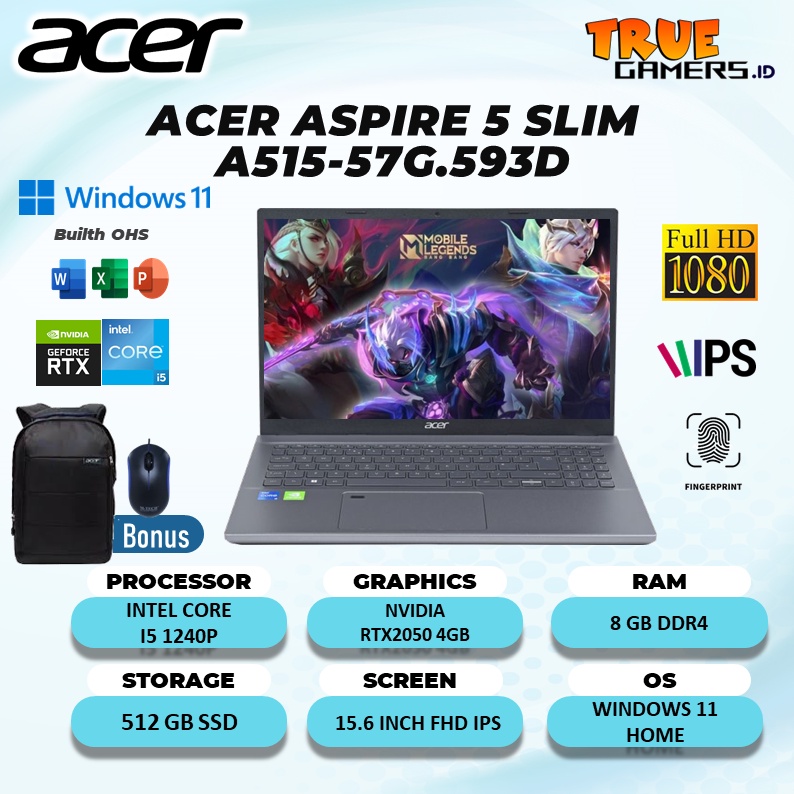 LAPTOP ACER ASPIRE 5 SLIM A515 RTX2050 4GB I5 1240P 8GB 512SSD W11+OHS 15.6FHD IPS THUNDERBolt ADP BLK -57G.593D