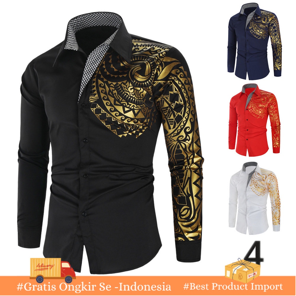Kemeja Formal Pria ang Dapat Yakin  Mempromosikan    Kemeja Kreatif Totem Bronzing cetak Lengan Panj