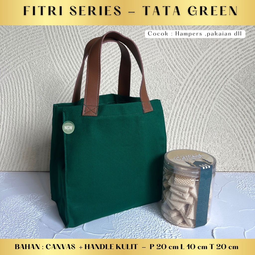 TATA BAG CANVAS HIJAU HANDLE KULIT 20x10x20 goodie bag hampers