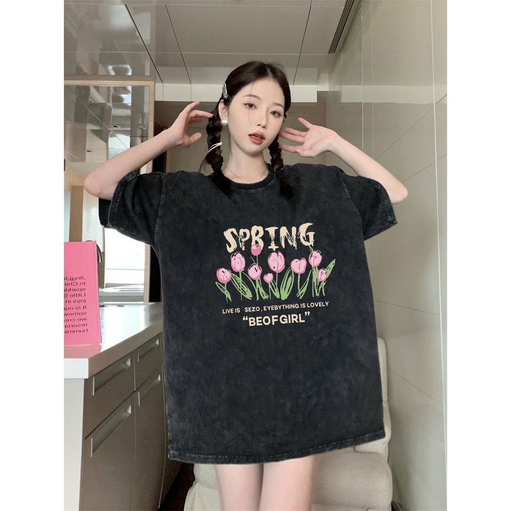 XIAOZHAINV Korean Style Tulip Pattern Washed Printing Kaos Wanita A0019