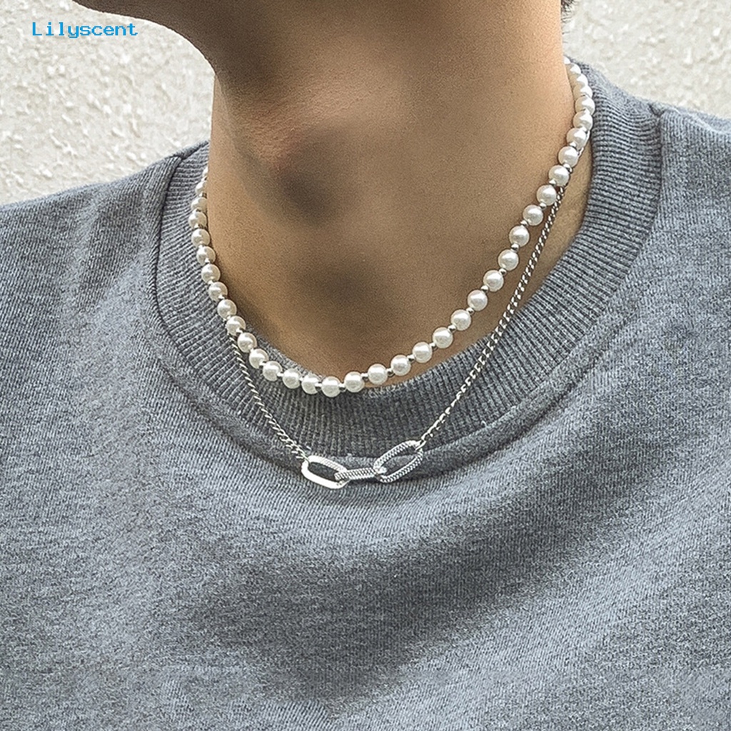 [LS] Kalung Pria Hias All-match Kalung Choker Mutiara Imitasi Geometris Dua Lapis Untuk Pakaian Sehari-Hari