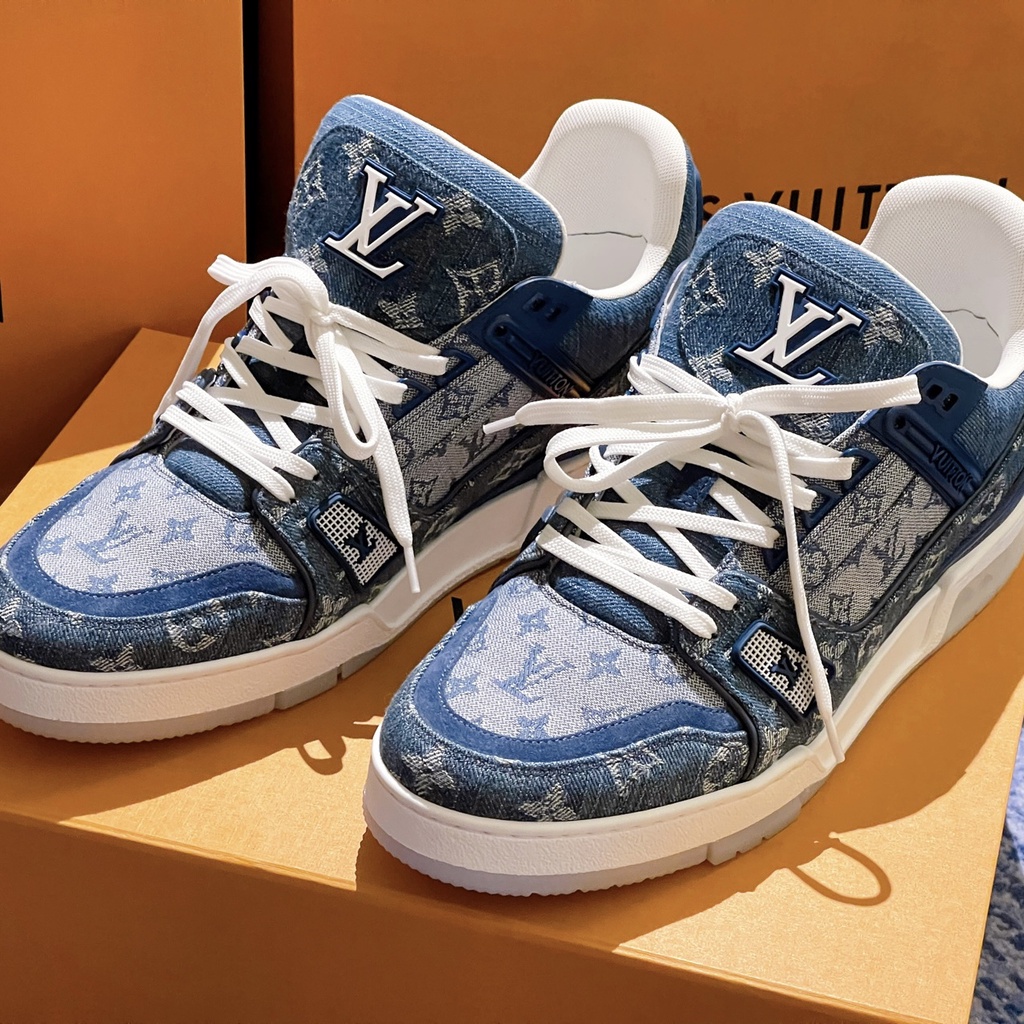 LV/Louis Vuitton men's shoes and women's shoes Trainer vintage denim blue canvas patchwork low-top s