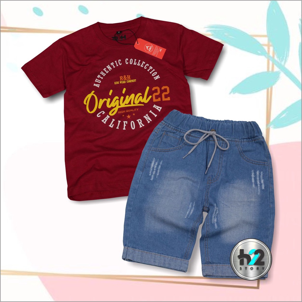 Setelan Anak Celana Jeans / Setelan Jeans Anak Laki Laki /  Setelan Kaos Distro Anak Celana Jeans Pendek Usia 3-12 Tahun / By H22Story-Maroon BiruMuda