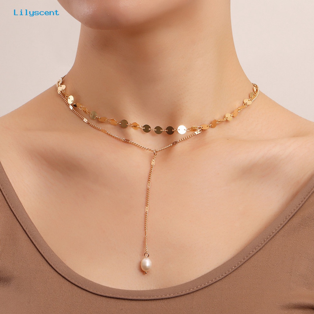 [LS] 2 Pcs Liontin Kalung Double Layer Geometris Sequin Fashion Mutiara Imitasi Panjang Rumbai Kalung Perhiasan Aksesori