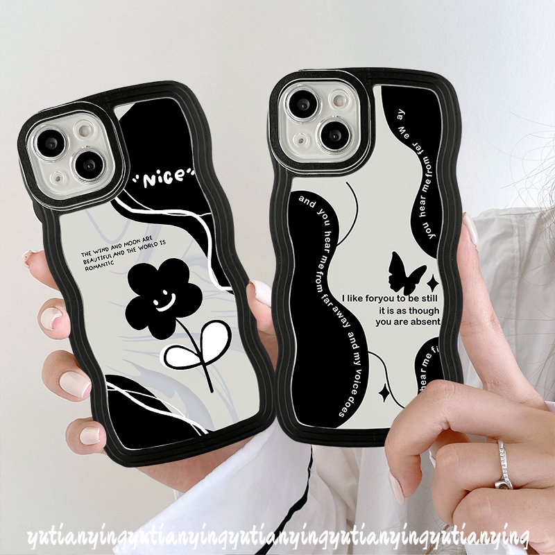 IPHONE Casing Bunga Vintage Kompatibel Untuk Iphone11 7 6s 8 14 6 Plus XR 14 12 13 Pro Max X XS Max SE 2020 Retro Black Butterfly Soft Tpu Wavy Edge Phone Cover