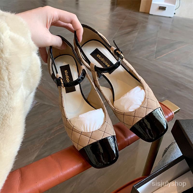 #Sisjuly# Sepatu pantofel tunggal dengan ujung persegi pemblokiran warna Prancis untuk wanita