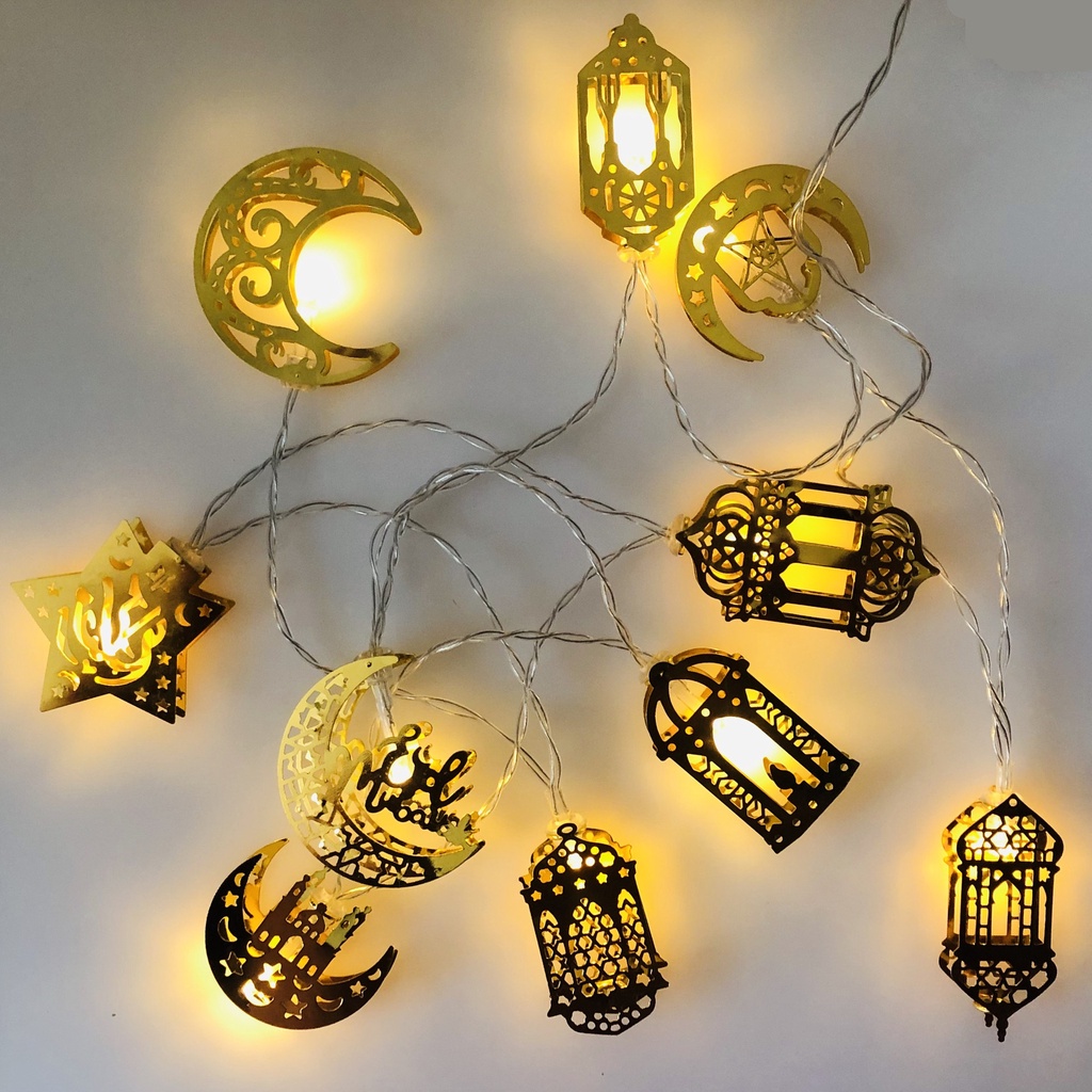 Castle Moon Star Gold Colour Lights Ramadhan Dekorasi Rumah 10LED Eid Mubarak Decor Perlengkapan Pesta Muslim Islami Lebaran Bulan Bintang Led String Light Iron Art Lampu String Led