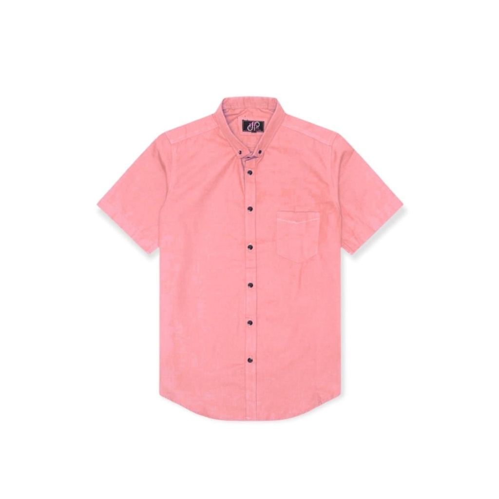 kemeja polos lengan pendek pink hem slimfit casual pria