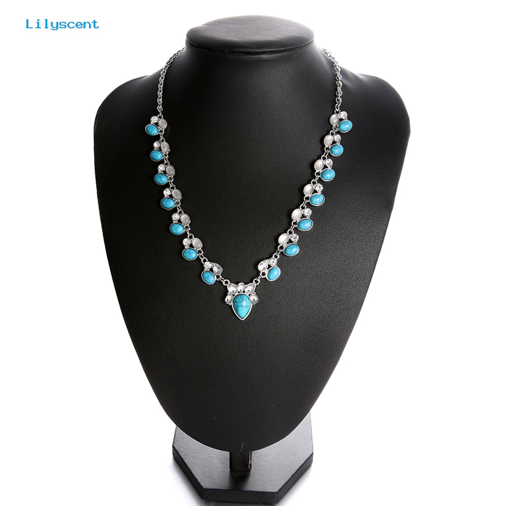 [LS] Wanita Fashion Faux Opal Turquoise Pendant Rantai Choker Kalung Pesta Perhiasan