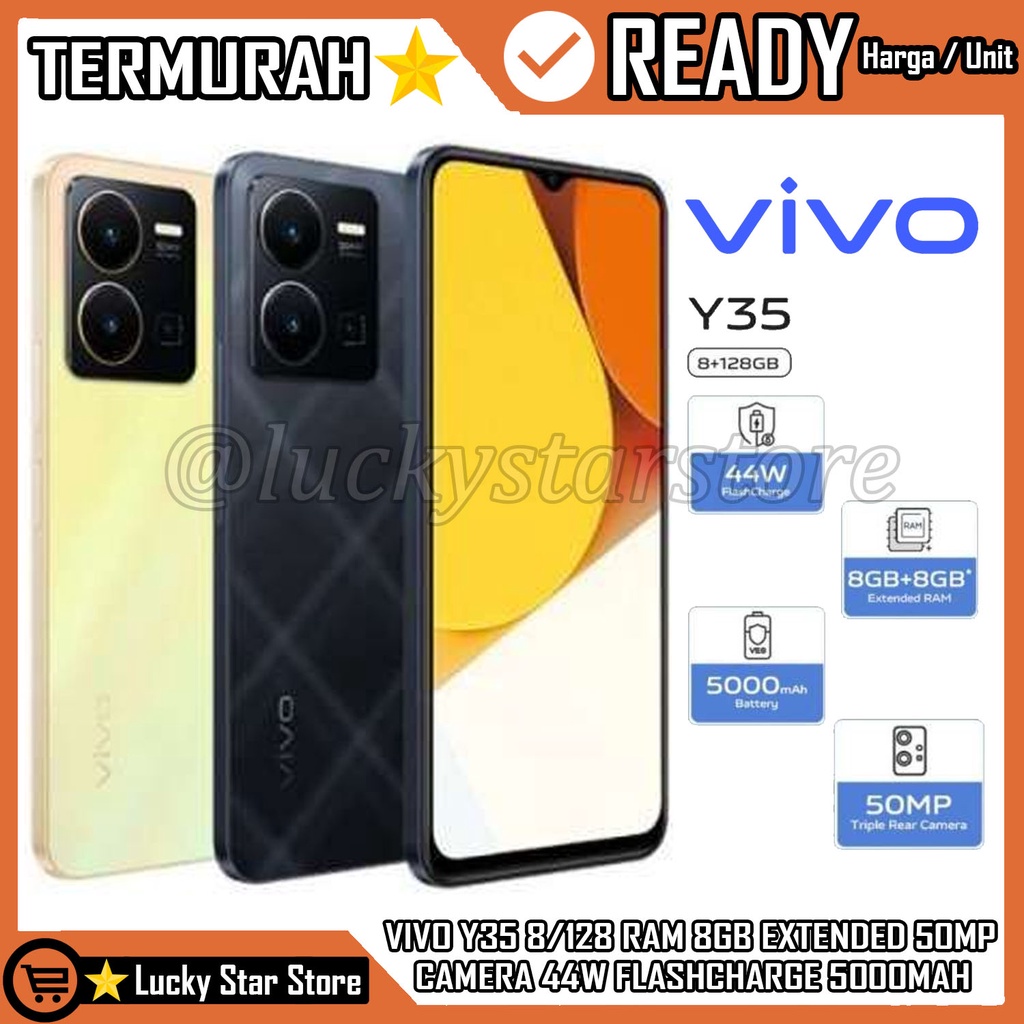 VIVO Y35 8/128 EXTENDED RAM 8GB+8GB 50MP CAMERA 44W FLASHCHARGE 5000MAH SPLASH WATERPROOF SMOOTH SMA