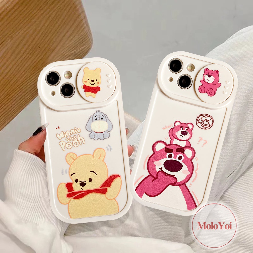 IPHONE Pasangan Case Kompatibel Untuk Iphone13 11 12 Pro MAX 7plus 7 8 Plus XR X XS MAX Kartun Strawberry Bear Manyo Winnie the Pooh Tarik Jendela Kamera Perlindungan Soft Cover