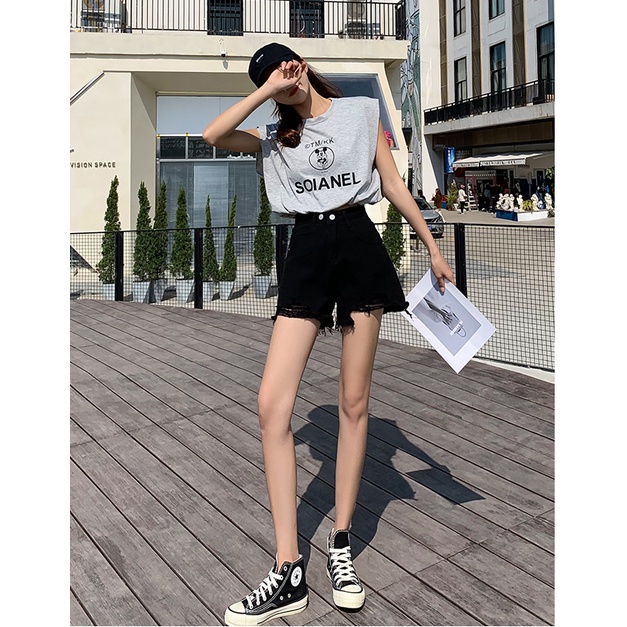 Hitam Highwaist Jeans Celana Pendek Waita / Korean Fashion Rawis Celana Jeans Pendek