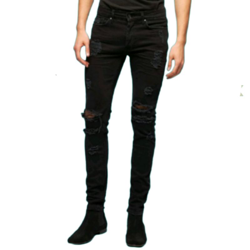 CELANA SOBEK PRIA RIPPED JEANS ROBEK SLIMFIT PENSIL SKINNY HITAM PREMIUM 27-38