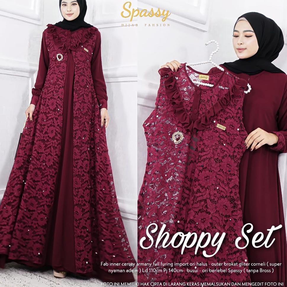 Harga Termuraah Shoppy Set 2 in 1 Gamis + Outher Busui Friendly Bahan Ceruty Full Furing mix Brukat 