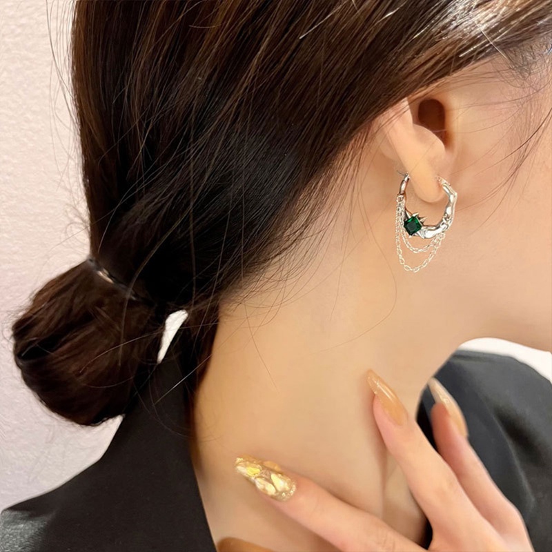 Emerald Zirconia Rantai Rumbai Thai Silver Ear Buckle Earrings Untuk Wanita Gadis Manis Fashion Retro Baru Perhiasan Hadiah Pesta