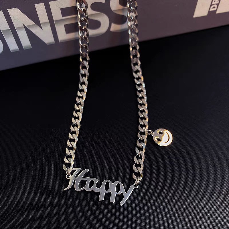 Kalung 18k Titanium Steel Desain Tulisan HAPPY Smile Face Gaya Hip Hop Korea Jepang