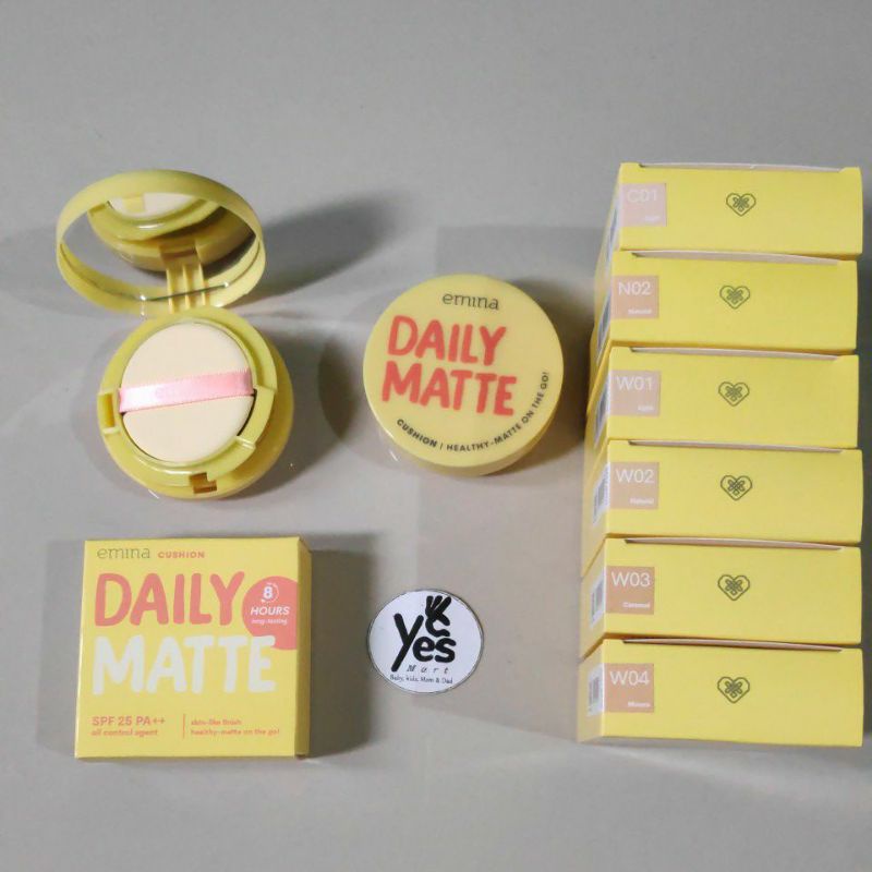 Emina Daily Matte Cushion 15g Tempat + Kaca ringan menyatu flawless wajah halus &amp; menyamarkan pori Makeup wajah Kosmetik Muka remaja dewasa