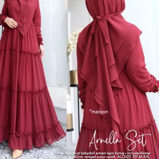 ☋ [ COD ] Arnella Syar'i / Setelan Muslim Gamis + Jilbab Terlaris / Gamis Polos Matt Ceruty Babydoll
