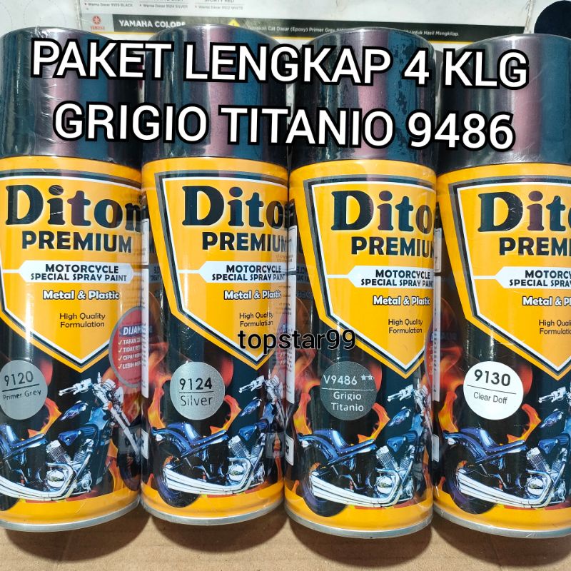 Pilok Cat Diton Premium Paket Lengkap 4 Kaleng Grigio Titanio Abu Metalik 9486 Primer Grey 9120 Silver 9124 Clear Doff 9130 400cc Pilox Paketan Cat Semprot Special Spray Paint