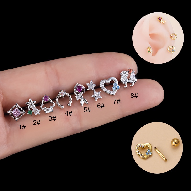 1biji Jantung Bunga tragus Tulang Rawan Anting stud helix pinna Tindik Lobek 16Gauge Berlapis Emas Perak