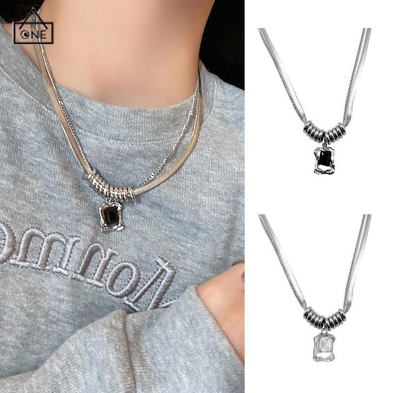 COD❤️Kalung Wanita Square Zircon Lapisan Ganda Rantai  Hip Hop   Musim Dingin Musim Gugur  Desain Sense-A.one