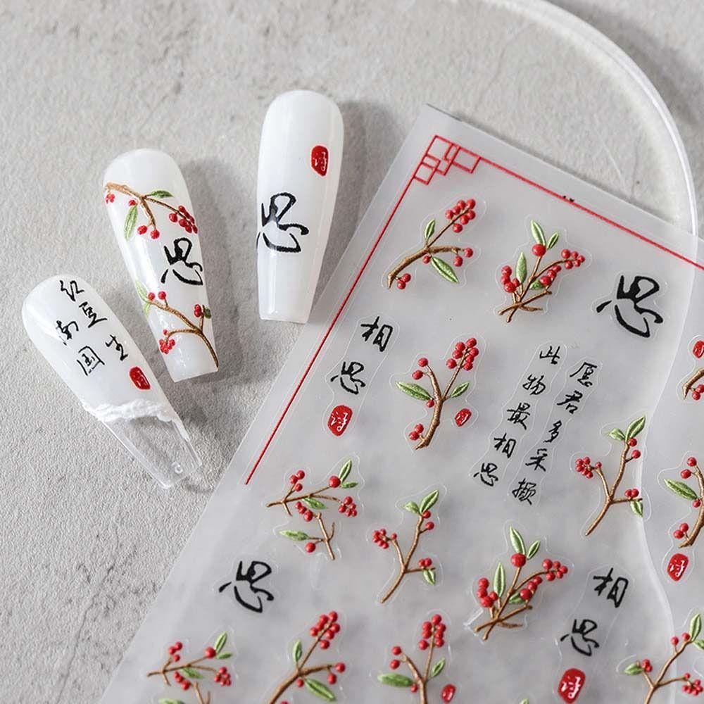 Mxbeauty Stiker Kuku Cina Wanita Gaya Cina Tinta Kaligrafi Burung Karakter Cina Hiasan Kuku