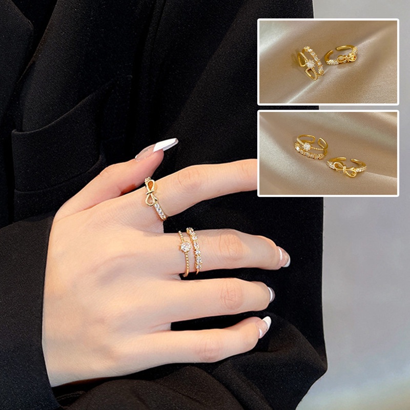 2pcs/set Kepribadian Sederhana Busur Cubic Zirconia Berlian Stackable Rings Wanita Fashion Perhiasan Rings Adjustable Size