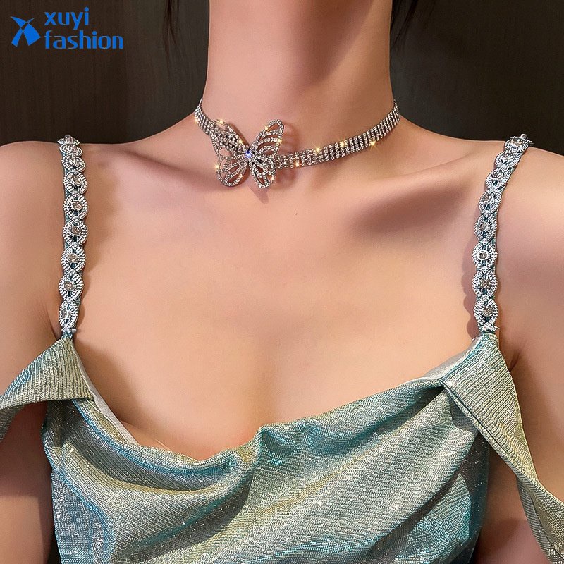 Fashion Kupu-Kupu Perak Kalung Choker Untuk Wanita Mewah Zirkon Kalung Aksesoris Perhiasan