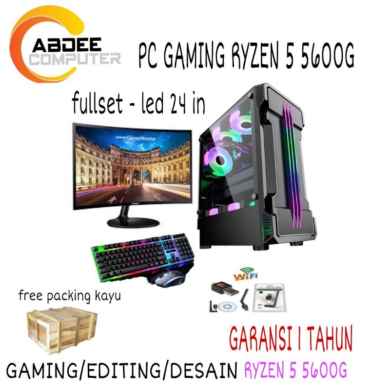 PC GAMING Fullset AMD Ryzen 5 5600G Ram 16 GB SSD 128 GB Led 24&quot; Samsung Lengkap