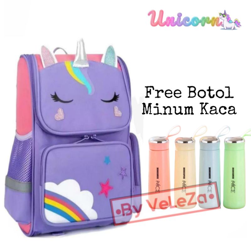 Tas Ransel Anak Unicorn Canvas gratis Botol Minum Kaca